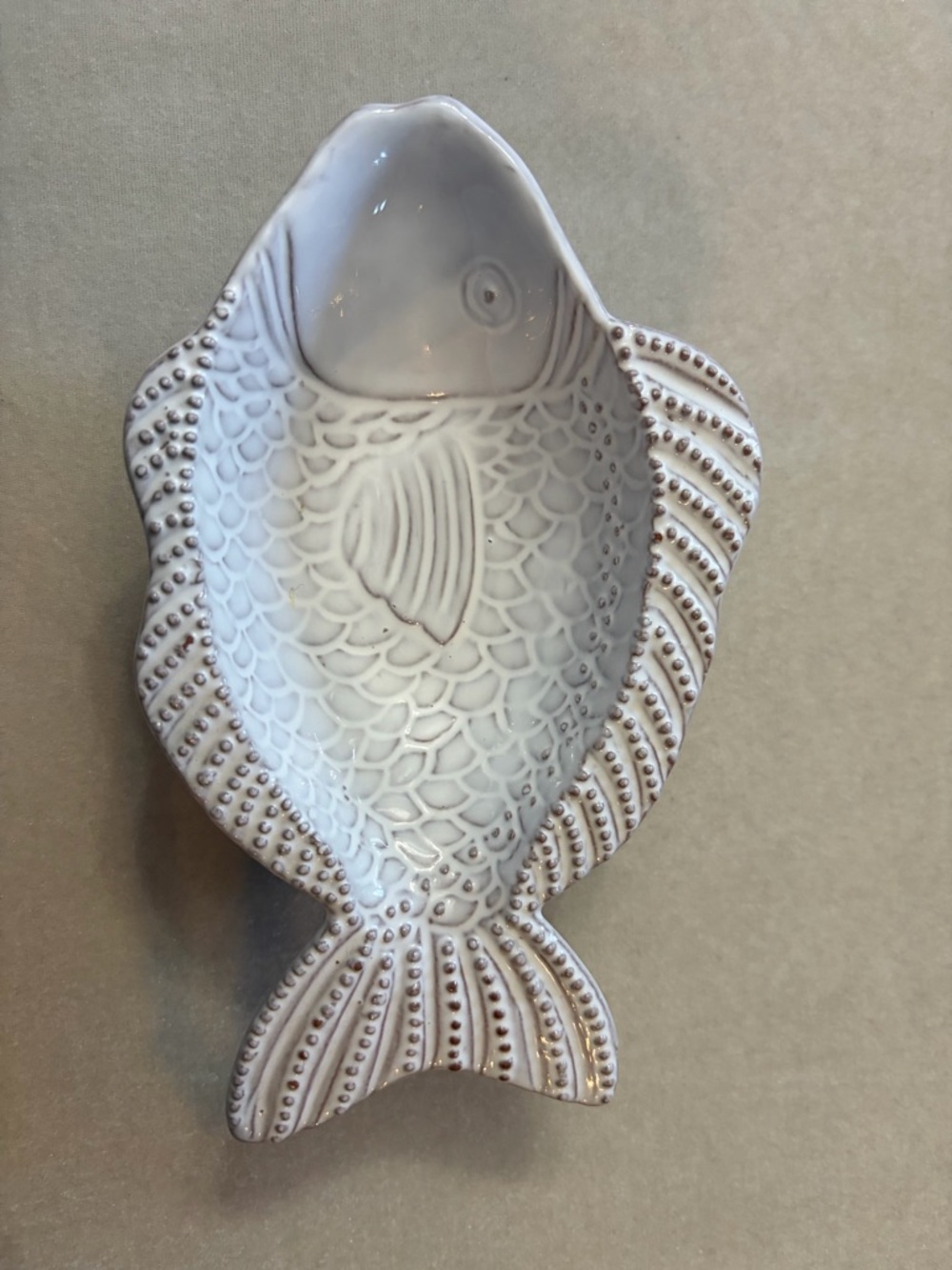 Pottery Barn White Fish Ceramic Dish with Beaded Detail